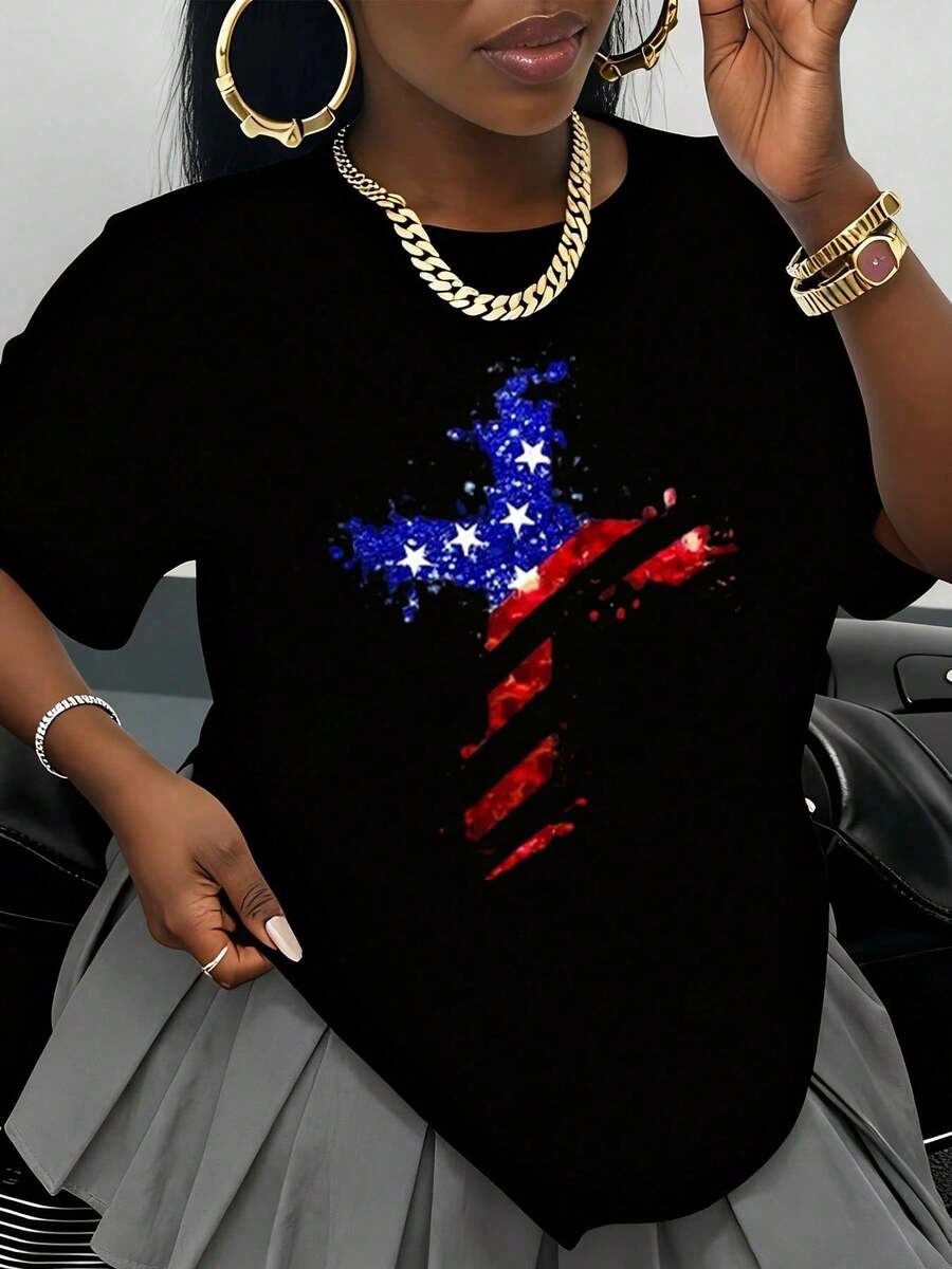 Women's Black T-Shirt With American Flag And Cross Design, Patriotic Fashion, Casual Top, Independence Day Celebration, Streetwear Graphic Tee - 黑色 - 查看 1