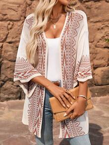 Plus Size Women's Geometric Pattern Loose Fit Vacation Cardigan - Apricot - View 4
