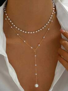 1pc Gold Y-Shaped Multi-Layer Necklace, Decorated With Rhinestones And Faux Pearls, Suitable For Women's Daily Wear - Gold - View 1