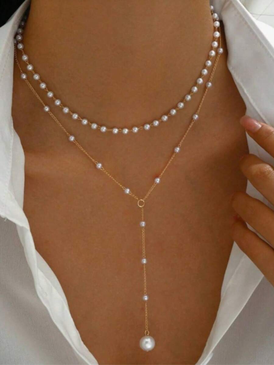 1pc Gold Y-Shaped Multi-Layer Necklace, Decorated With Rhinestones And Faux Pearls, Suitable For Women's Daily Wear - Gold - View 1