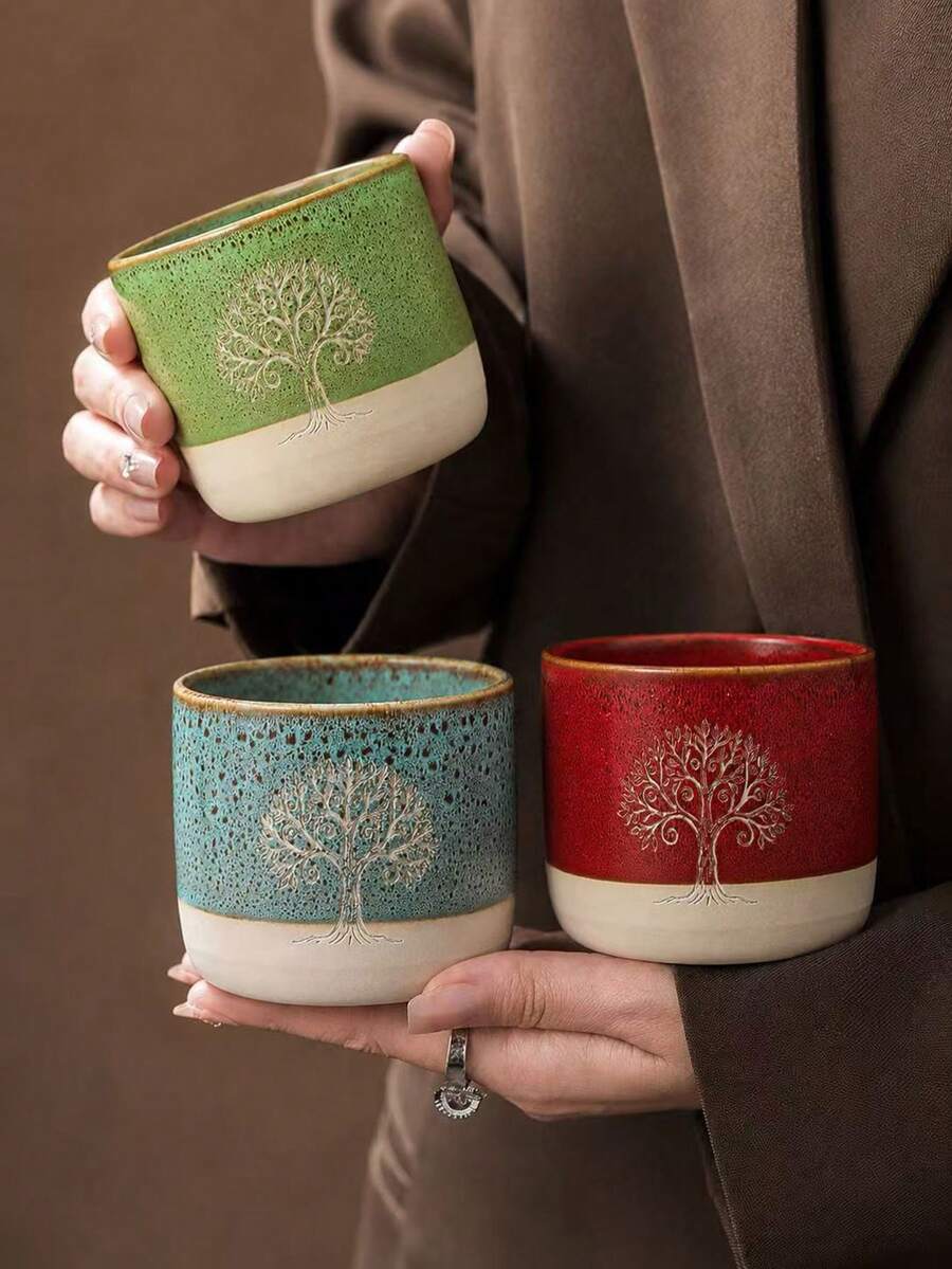 1pc Vintage Kiln-Changed Tree Of Life Ceramic Cup, Saudi Coffee Cup, Handmade Textured Premium Finish, Multiple Colors Available, Large Capacity Water Cup Mug, Exotic Totem Design, Suitable For Middle Eastern Home Style, Great For Tea And Coffee, Practical And Beautiful - Multicolor - View 1