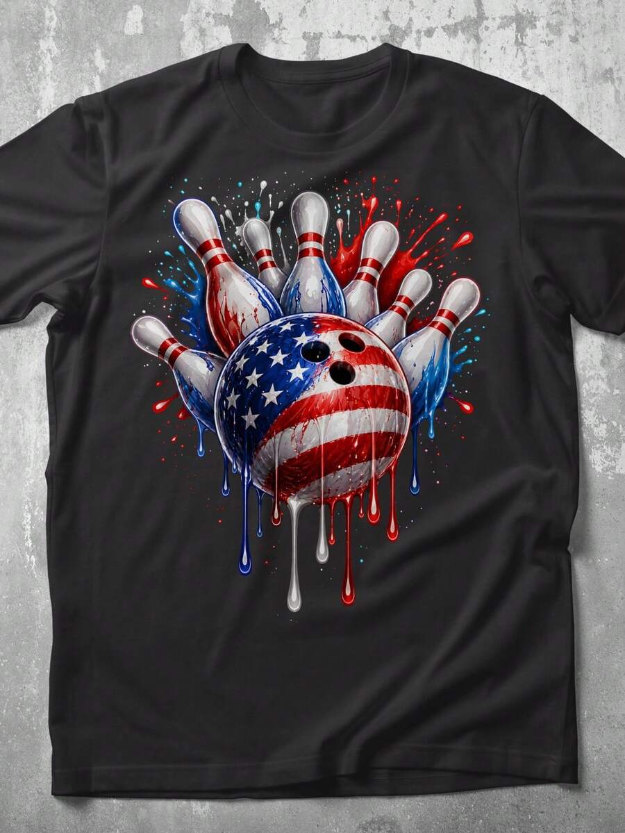 Camiseta de manga corta con estampado de bola patriótica, cuello ancho, estilo casual, talla regular, adecuada para todas las estaciones, ideal para uso diario y eventos al aire libre. Top d - Negro - Ver 1