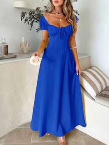 Women's Elegant Square Neck Maxi Dress, Puff Short Sleeve Tie Front A-Line Long Dress, High Waist Corset Detail Flowy Swing Dress, Casual Chic Evening Party Cocktail Dress, Summer Vacation - 寶藍色 - 查看 1