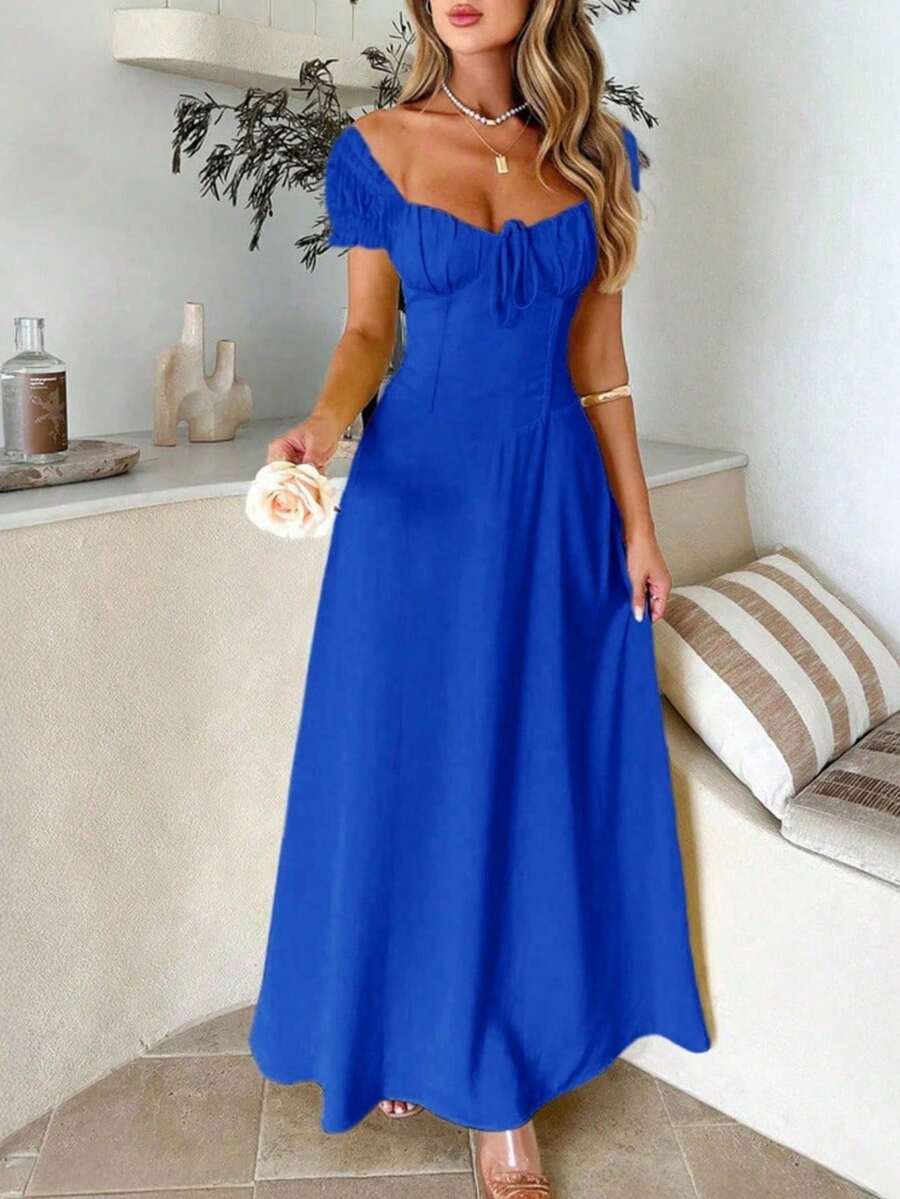 Women's Elegant Square Neck Maxi Dress, Puff Short Sleeve Tie Front A-Line Long Dress, High Waist Corset Detail Flowy Swing Dress, Casual Chic Evening Party Cocktail Dress, Summer Vacation - 寶藍色 - 查看 1