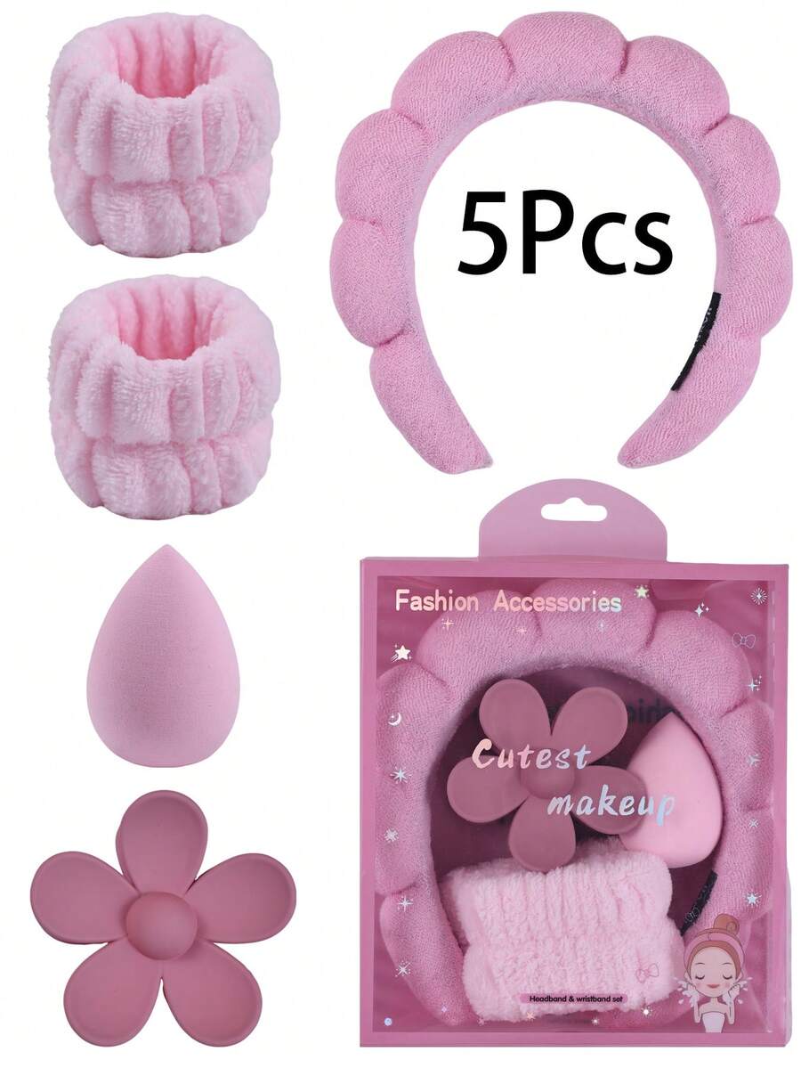 Bộ 5 món cho bé gái: băng đô spa xốp rửa mặt kèm băng cổ tay, kẹp tóc càng cua hoa lớn và lược, đóng hộp tinh tế, quà tặng tiệc và dùng hàng ngày - Nhiều màu - Xem 1