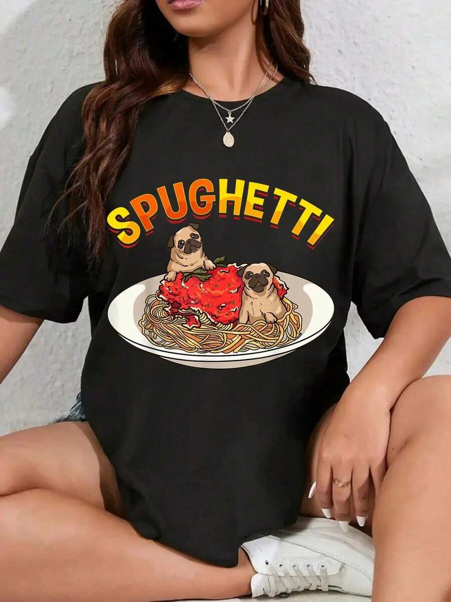 Camiseta 100% Algodón para Amantes de los Espaguetis, Divertida para Amantes de Pugs y Dueños de Perros, con Calcomanía de Pasta Italiana, para Mujer, Suave, para Vacaciones de Verano - Negro - Ver 1