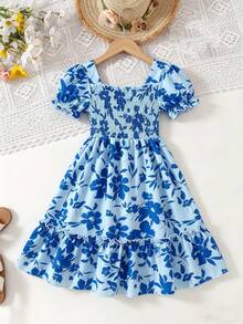 Vestido de niña con patrón de corazón dulce, mangas abullonadas, ribete de volantes y dobladillo con volantes, vestido de princesa para fiesta de verano, playa y vacaciones - Azul Marino - Ver 5
