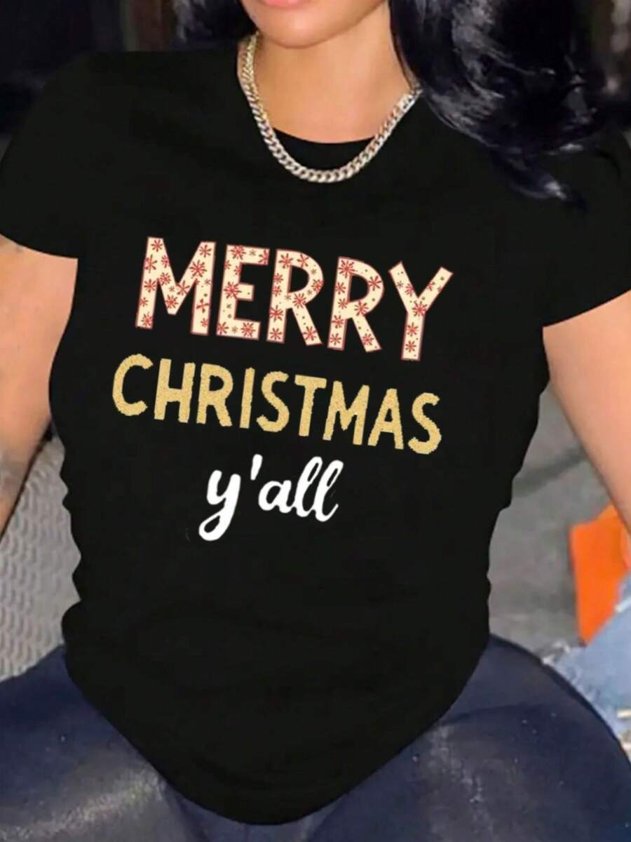 Women's Christmas T-Shirt, Comfortable Round Neck, Casual Cotton Blend, Short Sleeve, Soft And Breathable, Women's Clothing, Summer And Spring T-Shirt, Urban Clothing. - 黑 - 查看 1