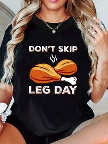 Women's Casual Crew Neck T-Shirt With "Don't Skip Leg Day" Print - Short Sleeve, Regular Fit, Stretch Polyester, Summer Clothing, Black With Orange And White Print, Fabric L - 黑 - 查看 1