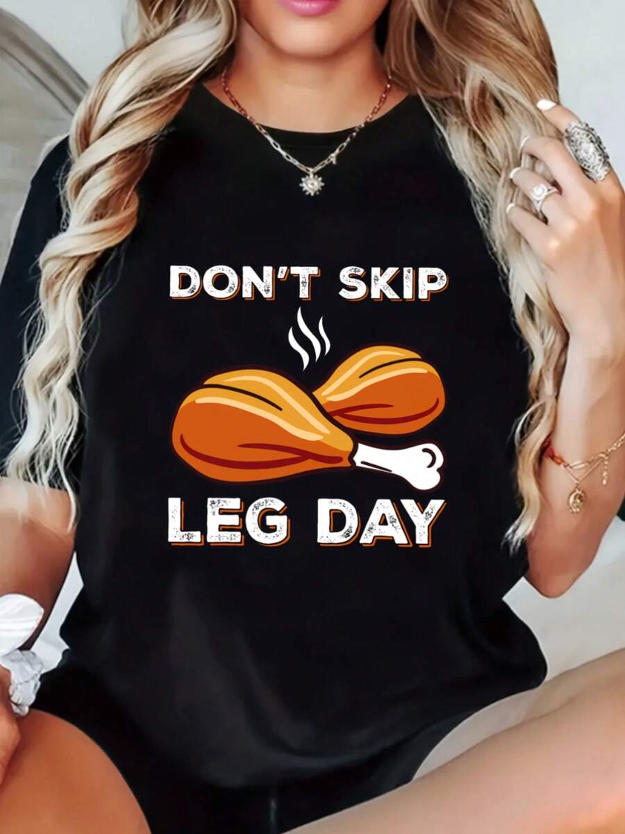 Women's Casual Crew Neck T-Shirt With "Don't Skip Leg Day" Print - Short Sleeve, Regular Fit, Stretch Polyester, Summer Clothing, Black With Orange And White Print, Fabric L - 黑 - 查看 1
