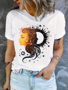 Diosa del Sol, Diosa de la Luna, Camiseta Estampada en Blanco y Negro - negro - Ver 1