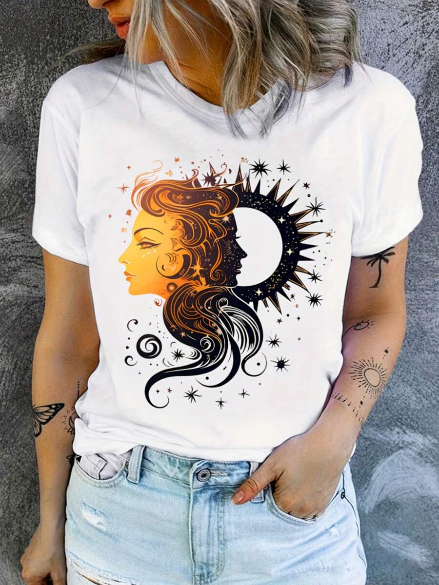 Diosa del Sol, Diosa de la Luna, Camiseta Estampada en Blanco y Negro - negro - Ver 1