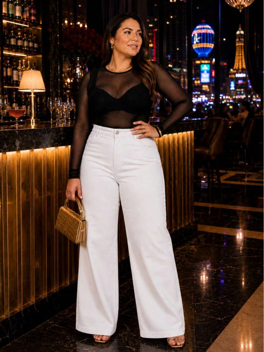 Women's Wide Leg Plus Size Pants, Chocolate Brown - 白色 - 查看 1