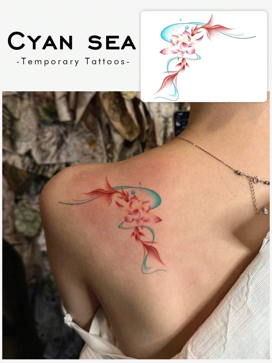 1pc Traditional Chinese Folk Color Carp Lotus Pattern Tattoo Sticker, Temporary Tattoo Sticker, Simulated Tattoo Design, Suitable For Travel, Music Festival, Games, Graduation Gifts, Lasts For 3-5 Days - Multicolor - View 1