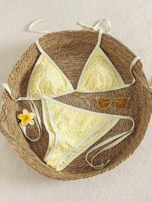 Swim Mod Spring 2026 Size Bikini Set, Halter Neck Triangle Top And Mid-Waist Bottom, Yellow Jacquard 2-Piece Swimsuit - Yellow - View 1