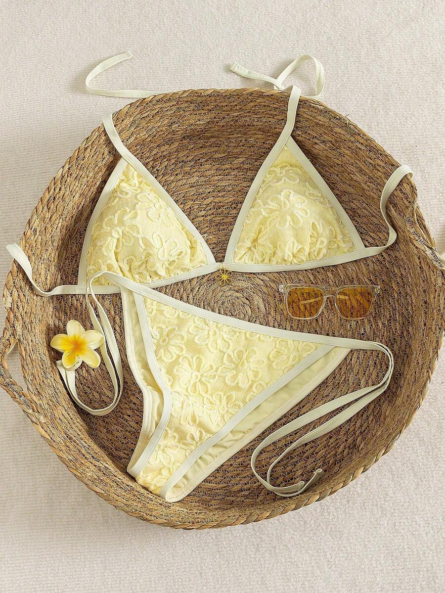 Swim Mod Spring 2026 Size Bikini Set, Halter Neck Triangle Top And Mid-Waist Bottom, Yellow Jacquard 2-Piece Swimsuit - Yellow - View 1