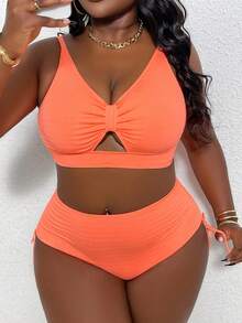 Conjunto de bikini de talla para mujer, de unicolor, con pliegues,, para la playa de verano - Rosa - Ver 1