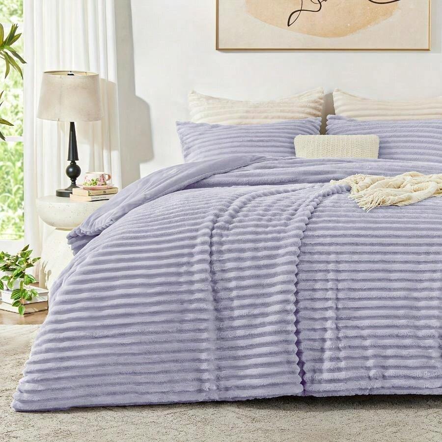 Cozy Bedding Ensemble - Ultra Plush Faux Fur Striped Jacquard Comforter 3pcs Set, Fleece Bed, Winter Warmth Bedding, Comforter With Pillow Covers - 淺紫色 - 查看 1