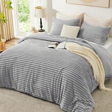 Cozy Bedding Ensemble - Ultra Plush Faux Fur Striped Jacquard Comforter 3pcs Set, Fleece Bed, Winter Warmth Bedding, Comforter With Pillow Covers - 淺紫色 - 查看 2