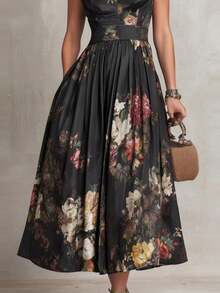 ¡RENUEVA TU ARMARIO YA!Vestido Largo Negro para Mujer, Sin Mangas, Estampado Digital de Flores, con Flores 3D, Ajustado, Estilo Elegante y Sexy, Más Vendido, Perfecto para Fiestas, Cenas, - Negro - Ver 3