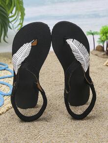 1 Pair Kids Feather Rhinestone Flat Sandals, Lightweight Comfortable Flat Bottom, Suitable For 3-12 Years Old Children - Black - View 5