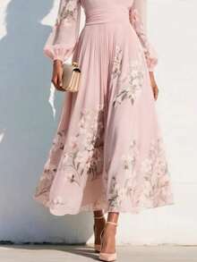 Elegant Women's Dress With Floral Pattern, Pleated Texture, And Flowing Cut - 粉色 - 查看 3