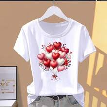 3 Playeras con diseños de corazones, de temporada de San Valentín, día del amor y friendship, llamativas, modernas, holgadas, cuello redondo, manga corta, para uso diario, ideal para tí - Blanco - Ver 2