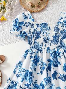 Girls' Sweet Heart Pattern Dress With Puff Sleeves, Ruffle Trim And Flounce Hem, Princess Dress For Summer Beach Holiday Party - Royal Blue - View 10