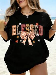 Women's Autumn Themed Graphic T-Shirt, Autumn Leaf And Bow Print, Oversized White T-Shirt, Casual Beachwear, Seasonal Holiday Gift - 黑色 - 查看 1