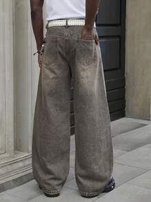 1Pc Of Men's Patchwork Deconstructed Baggy Wide-Leg Jeans, American Retro Deconstructed Denim Pants - Light Grey - View 2