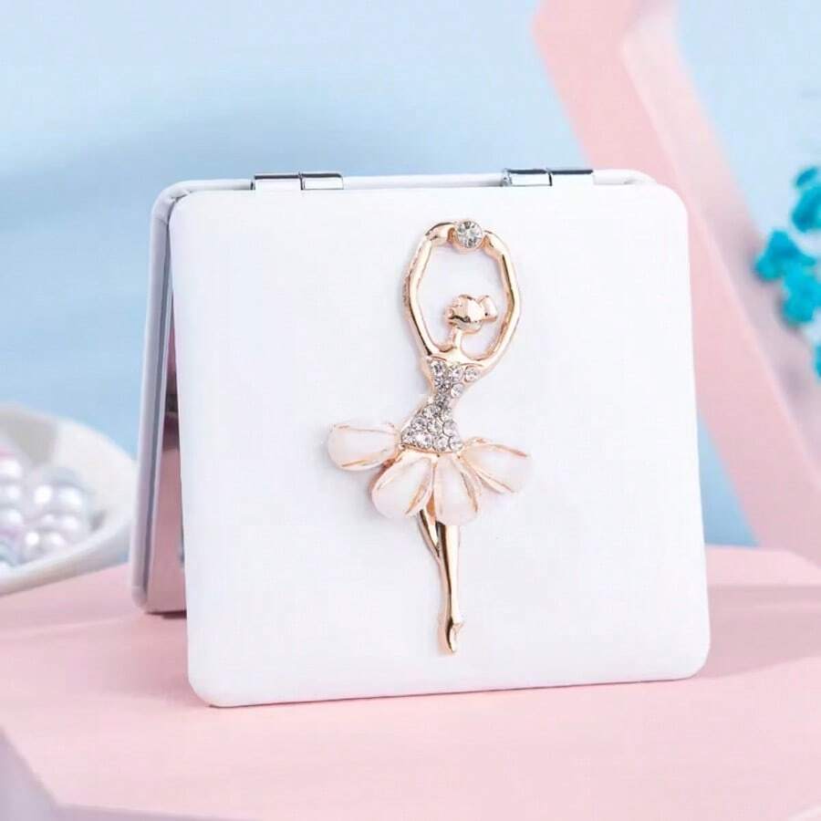 Women's Double-Sided Folding Portable Makeup Mirror - 1:1 Normal & 1:2 Magnification, Heart Ballet Dancer Synthetic Leather Protective Case, Suitable For Office, Portable Bag, Travel Makeup Mirror, Student Small Mirror - Small Square Mirror - View 1