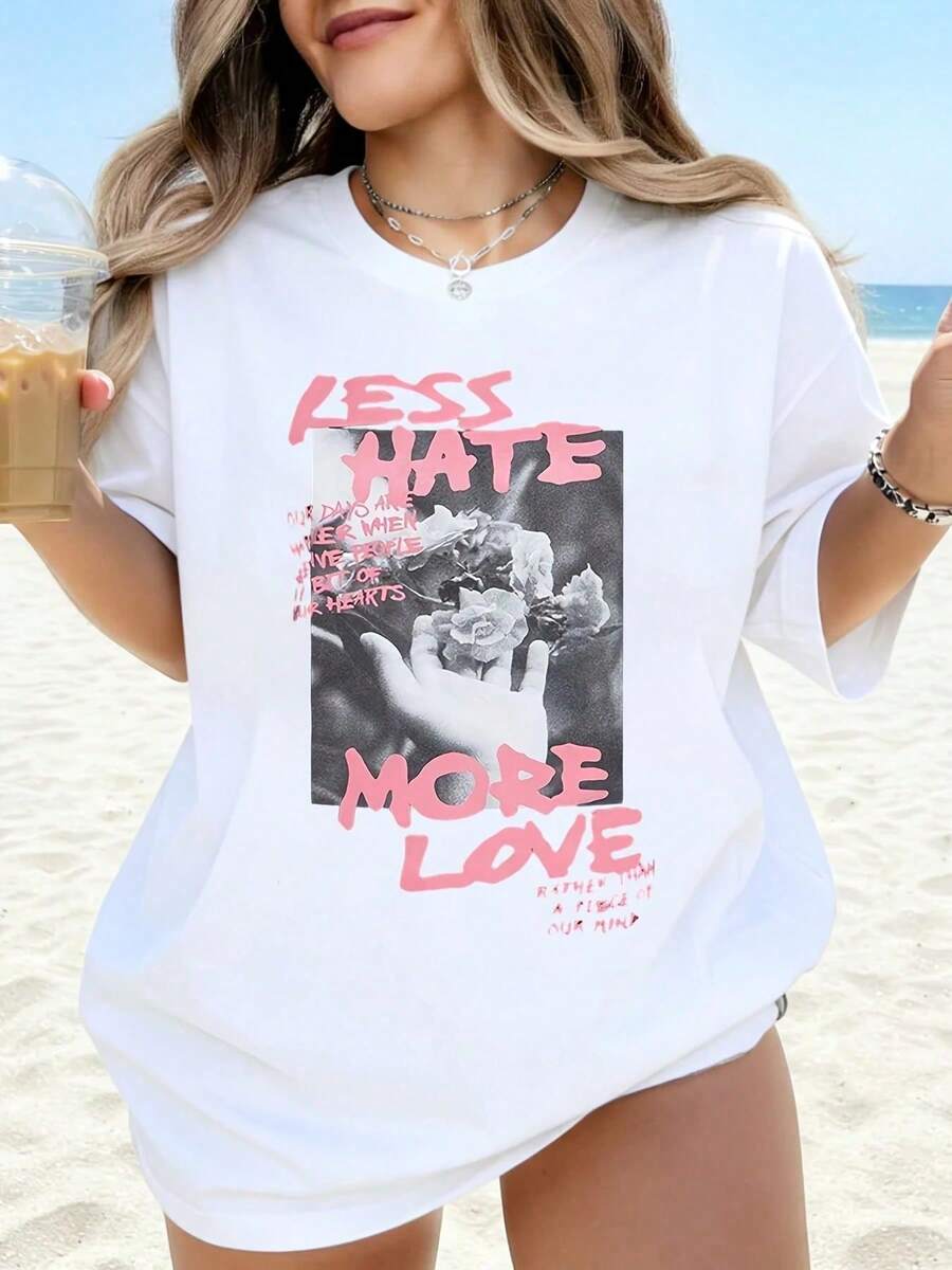 Women's "Less Hate More Love" Graphic T-Shirt, Oversized White T-Shirt With Floral Design And Inspirational Phrase For Casual Beachwear, Summer Outfit, Fashion Top. - 白色 - 查看 1
