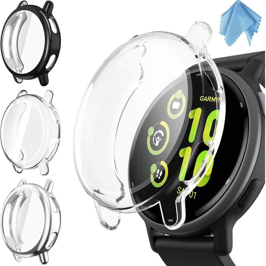 3 Paquetes de Fundas Protectoras de Pantalla Compatibles con Vivoactive 5, Fundas Protectoras de TPU Suave con Borde Chapado de Cobertura Completa a Prueba de Arañazos, Negro/Plata/Transparente - Negro/Transparente/Plata - Ver 1