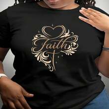 1 pieza de Mujer Playera de manga corta 100% algodón puro, cuello redondo casual con estampado, manga corta transpirable para uso diario, estilo artístico con amor y letras. - Negro - Ver 2