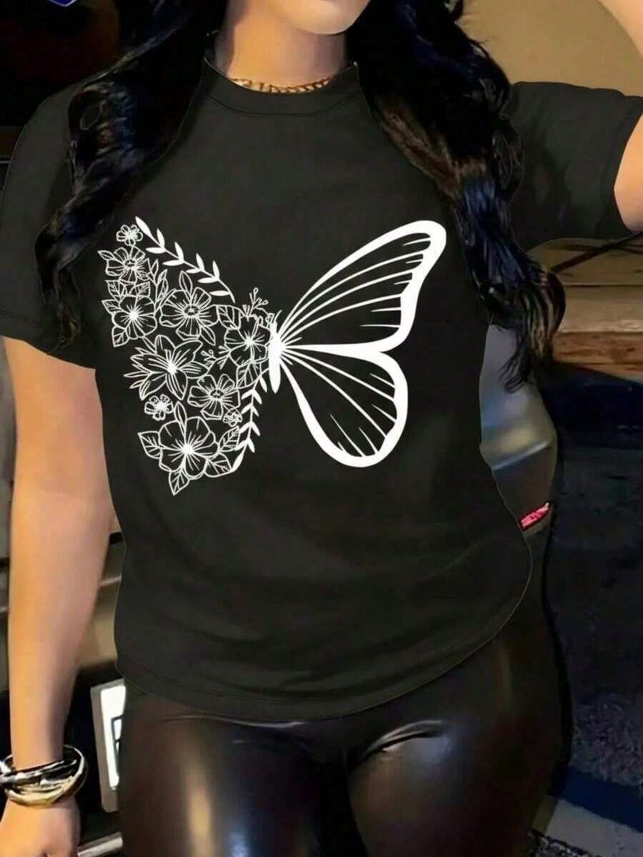 Women's Casual Style T-Shirt, Fashionable Butterfly And Flower Print, Soft Fabric, Loose Fit, Round Neck, Short Sleeves, Perfect For Spring And Summer Everyday Wear. Butterfly T-Shirt, Floral, Chic. Day Of The - 黑色 - 查看 1
