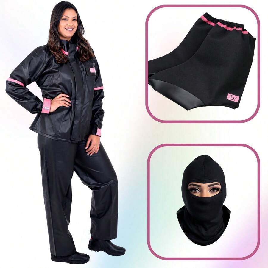 Kit Capa de chuva feminina rosa impermeavel par de galochas e touca proteção rosto