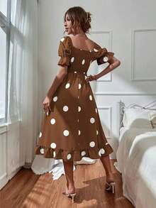 Sweet Feminine Dress With Large Polka Dots And Scalloped Edges - Coffee - View 3
