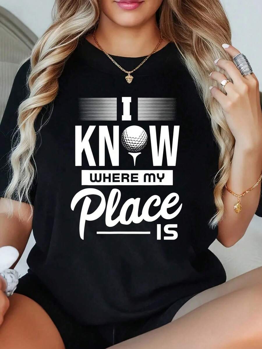 1 Piece Women's Fun And Cool Golf Print T-Shirt, Plus Size, 220g Short Sleeve Graphic T-Shirt, Novelty, 100% Polyester, Casual Crew Neck T-Shirt - 黑色 - 查看 1