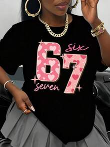 White T-Shirt With Pink Heart Print And Numbers Six And Seven Design, Women's Graphic Tee, Casual Wear, Valentine's Day Gift, Fashion Top - 黑色 - 查看 1