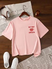 Lustiges Kaffee-Slogan Muster T-Shirt Damen Große Größen Locker Rundhals Kurzarm Kaffeeliebhaber Lässige Mode Minimalistisch Lässiges Top Rosa Sommer - Pink - Übersicht 7