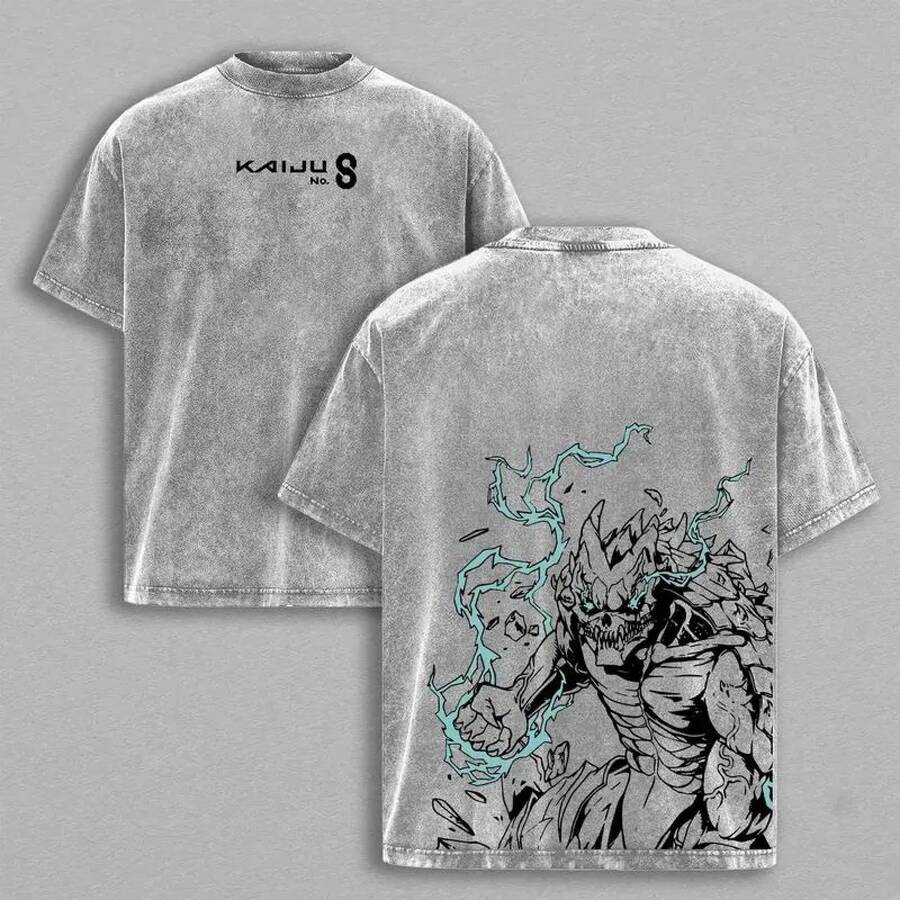 Kafka Hibino No. 8 T-Shirt, Thick Cotton Underwear, Vintage Washed Double Print T-Shirt, Unisex Streetwear, Anime And Manga Graphic For Fans - 灰色 - 查看 1