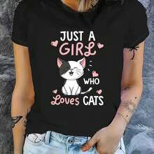 Camiseta Casual de Cuello Redondo para Mujer con Estampado de Gato, Manga Corta, Ligeramente Elástica, Top de Verano con Patrón Animal, Corte Regular, Solo para Amantes de los Gatos - negro - Ver 2