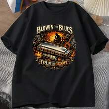 Men's Blues Music T-Shirt, Summer Sports Set, Short Sleeve Crew Neck T-Shirts, Casual Cotton Sportswear, Breathable Harajuku Style Streetwear - 彩色 - 查看 1