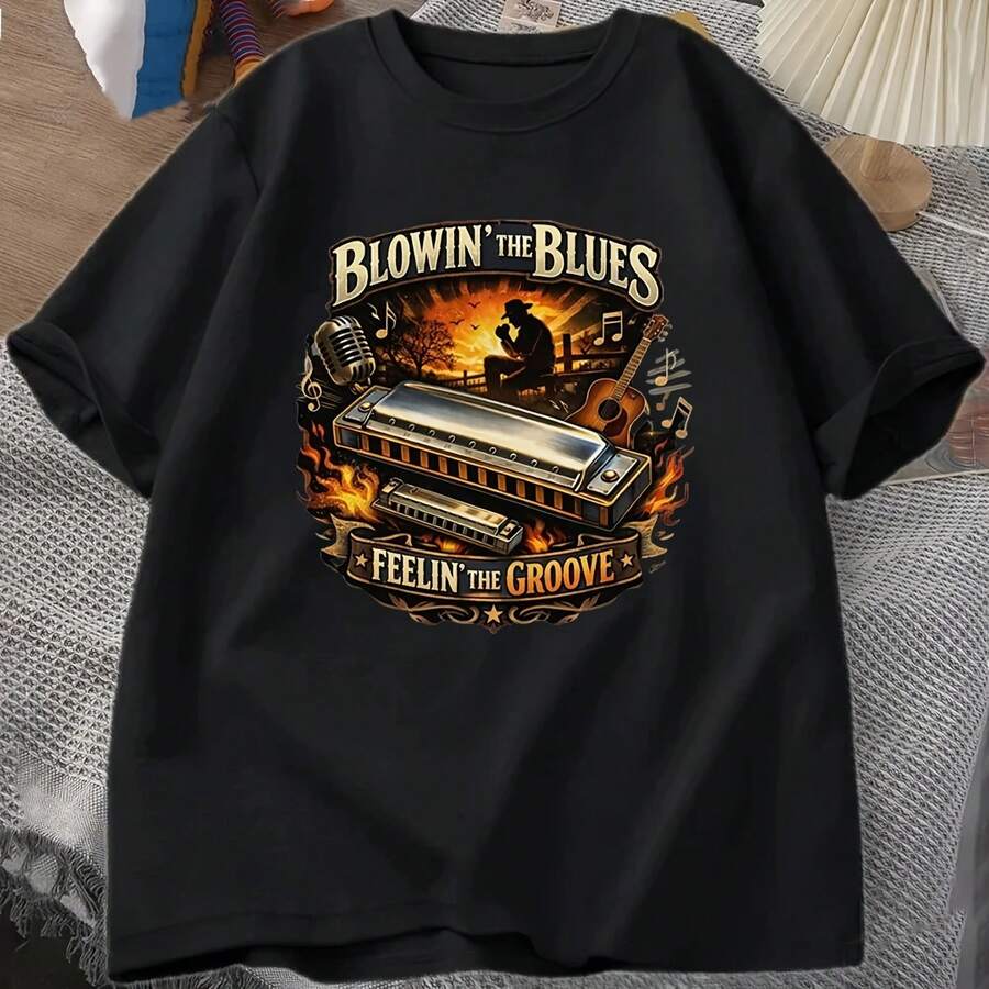 Men's Blues Music T-Shirt, Summer Sports Set, Short Sleeve Crew Neck T-Shirts, Casual Cotton Sportswear, Breathable Harajuku Style Streetwear - 彩色 - 查看 1