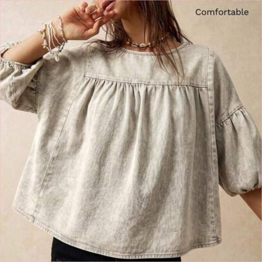 WNS  Blusa holgada de manga abullonada para vacaciones, verde - Gris Oscuro - Ver 1