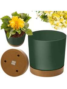 1pc 23.9cm Green Plastic Garden Pot With Removable -Friendly Wood Blend Saucer, Minimalist And Elegant Round Planter Resistant To Damage And Chemicals, Easy To Clean For Indoor And Outdoor Use - A - View 1