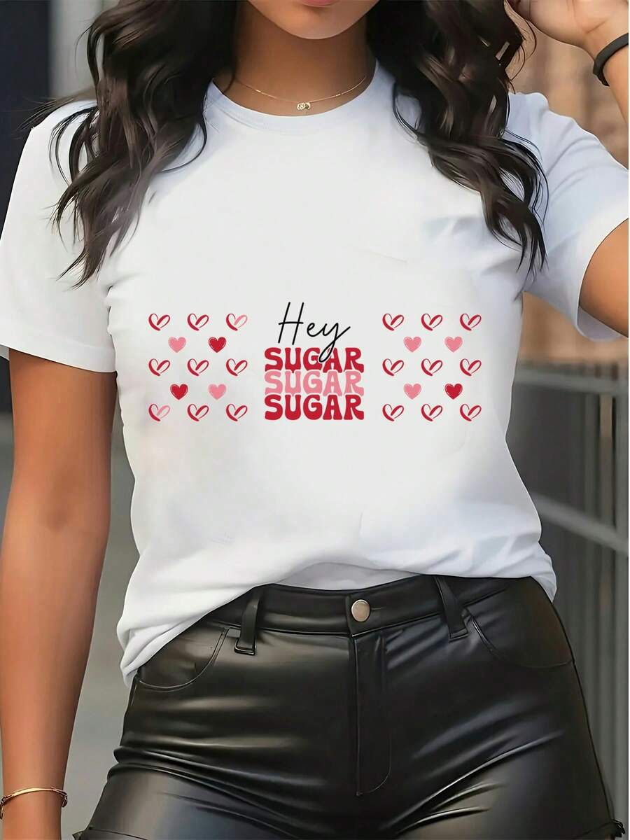 Maglietta a maniche corte in puro cotone da donna con stampa grafica a cuore e slogan Hey Sugar, top casual per uso quotidiano - Bianco - Visualizzare 1