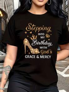 Birthday High Heels Print T-Shirt, Casual Short Sleeve Round Neck Top For Spring And Summer, Women's Clothing - Black - View 3