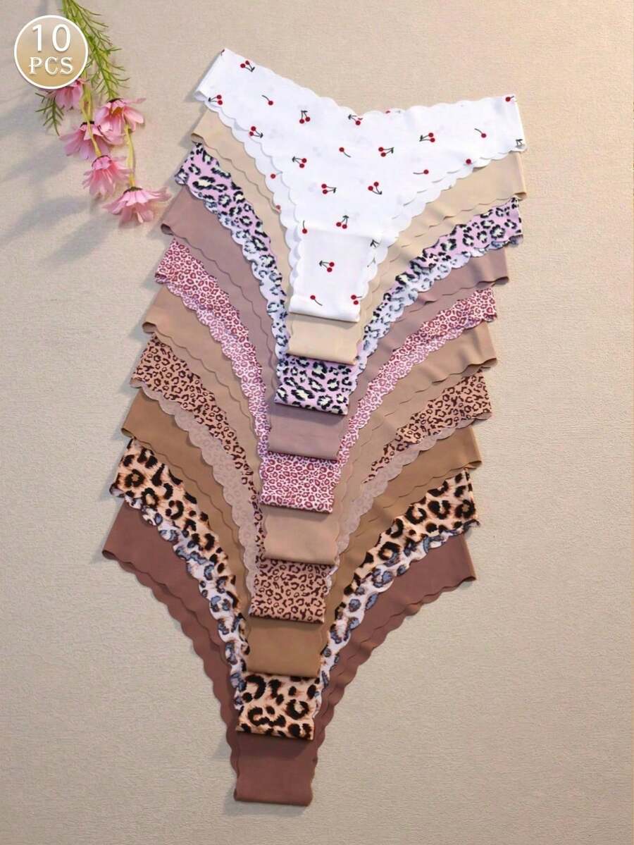 10 Pieces/Pack - Seamless Panties With Scalloped Edge For Women, Comfortable And Sexy Skin-Friendly Fabric, Seamless Bikini Panties For Ladies - 杏色 - 查看 1