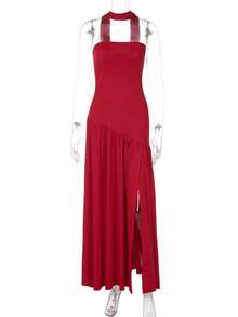 Women's Elegant Fashion Party Dress, Fitted Plain, Open Back, Floating Ribbon, European Style, New - Red - View 5